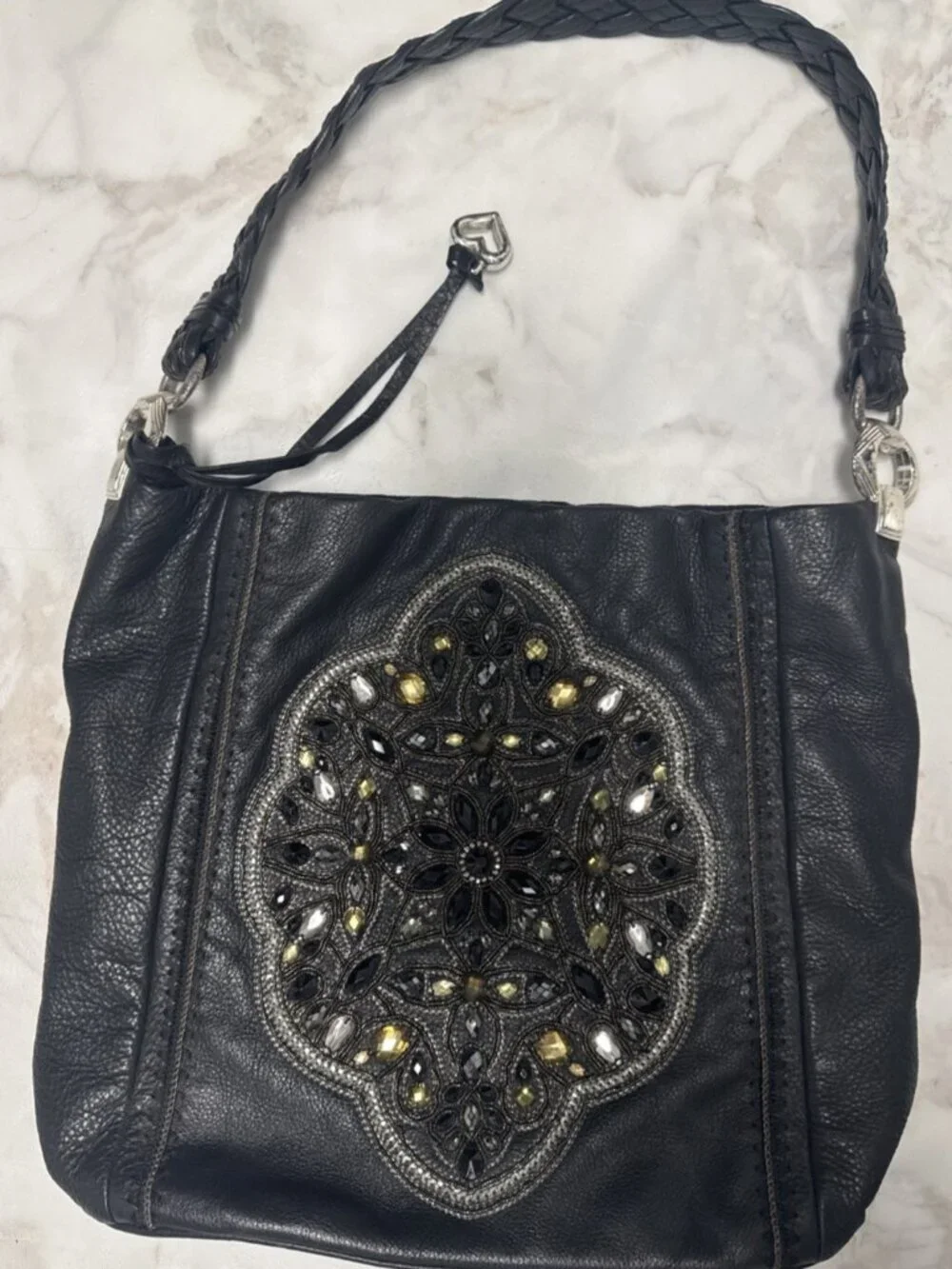 Brighton Anju Bag Masterpiece Collection Black Purse Hobo Leather Embellished